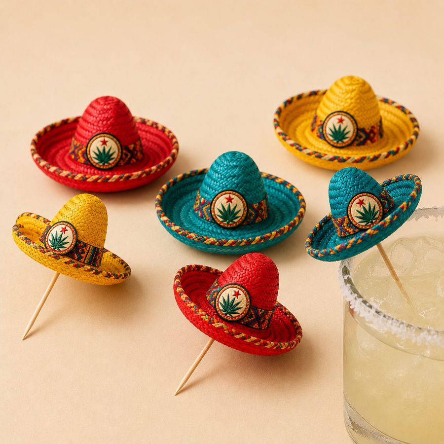 Mini sombrero drink toppers and decor in multiple colors